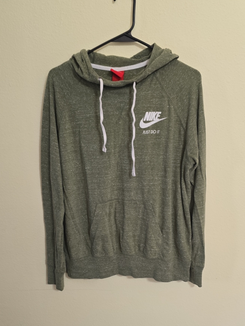 Nike Women's Olive Green Hoodie with White Drawstrings